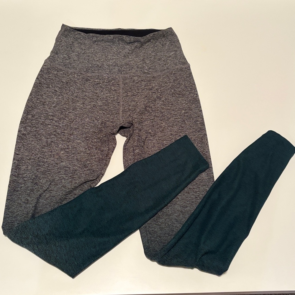 Beyond Yoga Color Block High Waist Leggings Heather Grey Green Full Length L